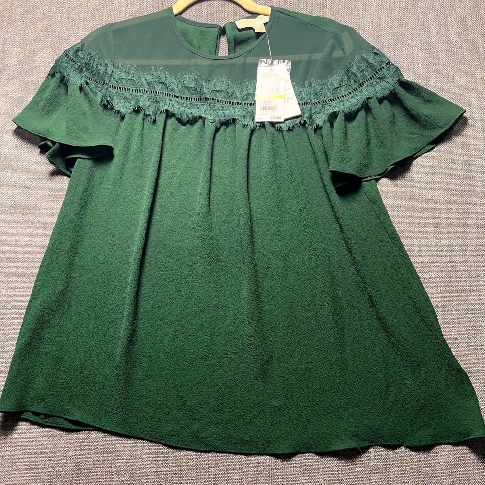 Michael Kors Peplum Blouse Womens M Dark Emerald Green Lace Trim MH84LNF4YP